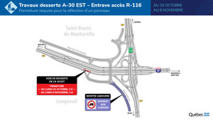 Autoroute 30 EST et route 116, à Saint-Bruno-de-Montarville - Travaux sur l'autoroute 30 : fermeture dans l'échangeur avec la route 116 à compter du 25 octobre