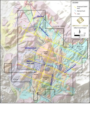 Figure 6. Project geologic map with planned geophysical survey lines to test the presence and depth of epithermal quartz veins. (CNW Group/Eminent Gold Corp.)