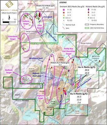 Figure 2. Project geologic map showing Gilbert South, cumulative rock chip results and major structures. Historic rock samples (diamonds) and new rock samples (stars). The six target areas are circled in magenta. (CNW Group/Eminent Gold Corp.)