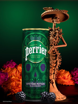 La nueva lata de Perrier inspirada en el Día de los Muertos ya está disponible en Target y Amazon hasta agotar existencias. (PRNewsfoto/Perrier®)