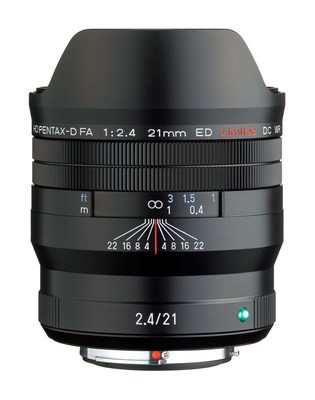 Ricoh Imaging Americas Corporation today announced the HD PENTAX-D FA 21mm F2.4ED Limited DC WR lens. Designed for use with PENTAX K-mount, full-frame digital SLR cameras, this ultra-wide-angle, fixed-focal-length lens is the newest model in the PENTAX Limited series of lenses, which are highly acclaimed for their distinctive image rendition and exterior design. When used with PENTAX APS-C cameras, the new lens provides a focal length equivalent to 32mm in the 35mm format.