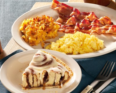 Start your day in the perfect way with Cracker Barrel's Cinnamon Roll Pie Breakfast. Enjoy the taste of warm Cinnamon Rolls baked with care inside a pie crust and drizzled with a sweet cream cheese icing throughout the holiday season. Served all day with signature breakfast favorites including two eggs, bacon or sausage, and fried apples or hashbrown casserole. Available from Oct. 26 to Dec. 19, while supplies last.