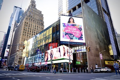 Billboard in Times Square for the "Touching your breasts is life” campaign headed up by Carlos Ponce, Dr. Tania Medina, Karina Banda, Ingrid Macher y Dr. Pablo García. Credit: Bridger Communications.