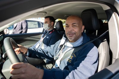 AT THE HELM: New York State Assembly Speaker Carl E. Heastie driving an electric vehicle at GNYADA's Electric Vehicle Ride+Drive event. In his remarks the Speaker said that he joined the franchised dealers of greater New York in being 