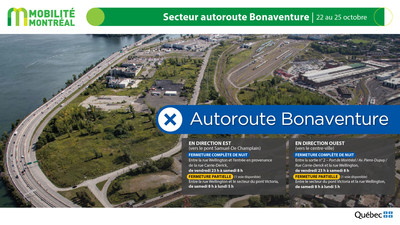 A10 est et ouest (Bonaventure), secteur centre-ville, fin de semaine du 22 octobre (Groupe CNW/Ministre des Transports)