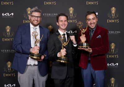 Franco Zuccar, from left, Steve Vitolo and Felipe A. Mendez, of Scriptation pose with their Engineering Emmy at the 73rd Engineering Emmy Awards, presented by the Television Academy at the JW Marriott Los Angeles L.A. LIVE on Thursday, Oct. 21, 2021 in Los Angeles. (Photo by Mark Von Holden/Invision for The Television Academy/AP Images)