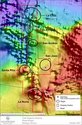 Figure 1. Total magnetic intensity showing target areas identified to date and location of historic drill holes. (PRNewsfoto/Silverton Metals Corp.)