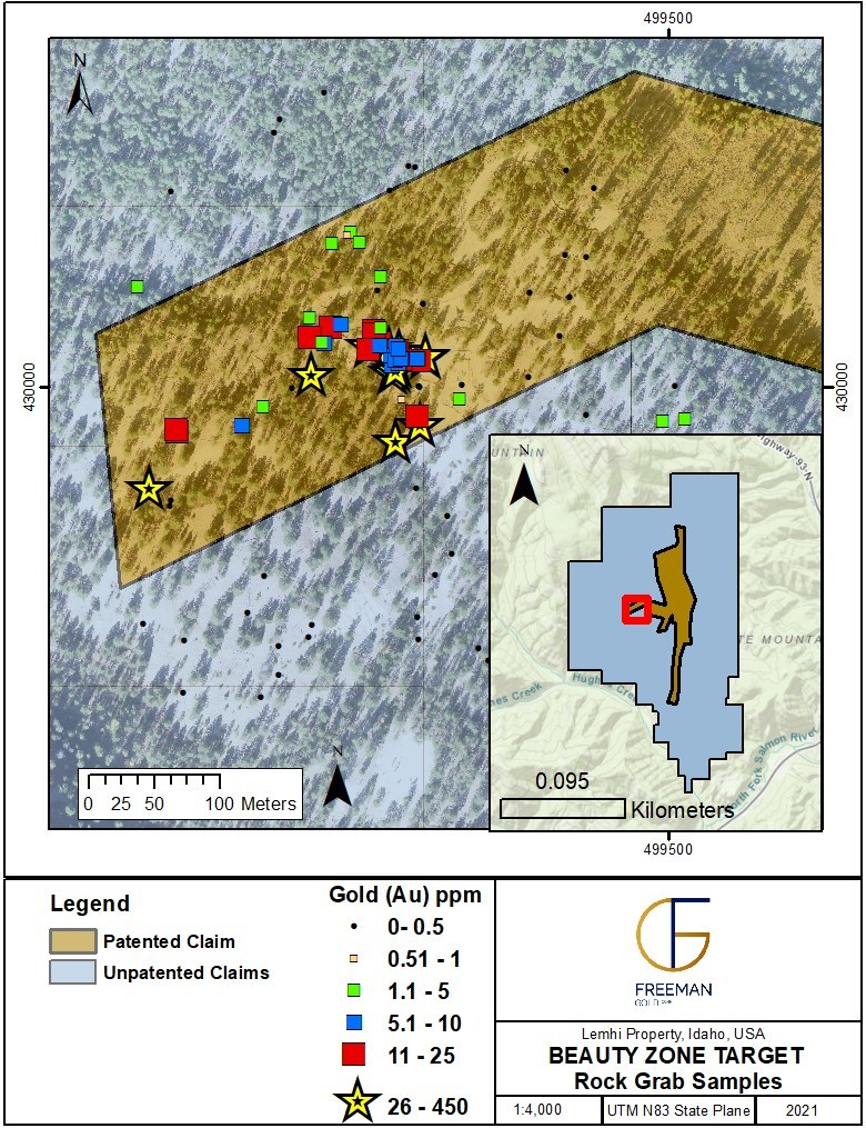 FIGURE 2: BEAUTY ZONE TARGET – Rock Grab Samples (CNW Group/Freeman Gold Corp.)