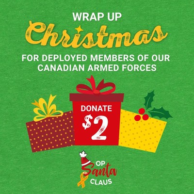 Giant Tiger Stores across Canada are running a national fundraising campaign to assist with the purchase of the care package items. Beginning today (Oct. 25) until Thursday, Nov. 11, customers can donate to Operation Santa Claus at their local Giant Tiger store by rounding up their purchase or donating $2 at checkout. (CNW Group/Giant Tiger Stores Limited)