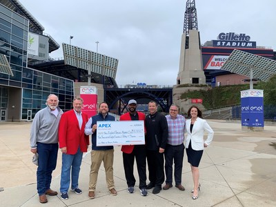 Check Presentation from Apex Entertainment to New England Patriots Alumni Club (L to R)  Pete Brock, Club President; Steve Nelson, Patriots Hall of Famer;  George Aronstein, Apex Director of Operations: Ty Law, Patriots Hall of Famer; Marcus Kemblowski, Apex Chief Operations Officer; Rob Luzzi, Director of Field Marketing for RA Ventures; Amy Reinert, Chief Marketing for RA Ventures