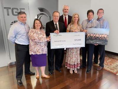 John B. Billingsley, Chairman and CEO of Tri Global Energy (center) and the TGE executive staff present a donation of $25,000 to Christie Eckler (left) and Catherine Beatty from the National Multiple Sclerosis Society, South Central.