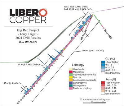 Figure 1: Cross-section of drilling from 2021 at the Terry Target, highlighting the results from hole BR-21-028. Copper grades are displayed on the top of the drill trace, gold grades are on the underside. (CNW Group/Libero Copper & Gold Corporation.)