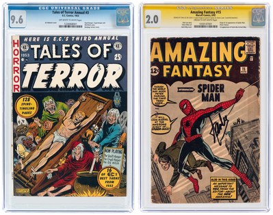 L to R: 'Tales of Terror' Annual #3, 1953, CGC 9.6 NM+, includes the best of EC Comics' stories since 1952; Marvel 'Amazing Fantasy' #15 featuring first appearance of Spider-Man, August 1962, signed by Stan Lee on front cover in black felt-tip pen, CGC 2.0 Good. Each is estimated at $20,000-$35,000