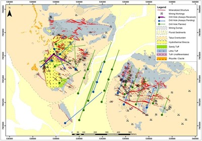 Figure 1. Simplified geology plan map and drill holes of the completed Phase I Discovery Drill Program and the planned Phase II Drill Program at the Carangas Project. (CNW Group/New Pacific Metals Corp.)