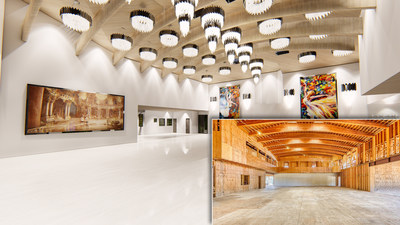 While originally designed as a basketball/multi-sport court, this sprawling room with lofted ceilings and beautifully arched wooded beams (inset image) has been reimagined as a luxurious yet refined ballroom with adjacent wine display (large image). The ballroom is part of new plans developed in 2021 by renowned architect Richard Luke. The home can be completed per the plans or custom-finished per the new owner’s specifications. OregonLuxuryAuction.com.