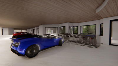 The lowermost level of the estate was first conceptualized as a luxurious automotive “spa” for a fleet of private vehicles. That concept was furthered in the latest plans, and now includes a cosmopolitan, drive-up bar with easy access to the outside pool and deck. OregonLuxuryAuction.com.