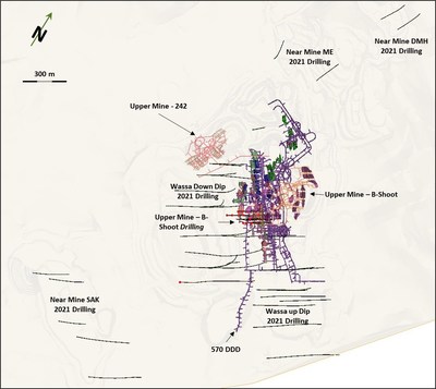 Figure 1 – Wassa Plan View showing the 2021 Near mine and Up - Down Dip Drilling (CNW Group/Golden Star Resources Ltd.)