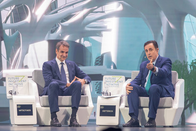 Prime Minister of Greece Kyriakos Mitsotakis speaks with moderator John Defterios, former CNN Anchor and APCO Worldwide Senior Advisor, on the first day of the Future Investment Initiative in Riyadh, Saudi Arabia.