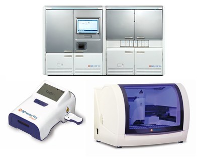 BD today announced the formation of a strategic, public-private partnership with BARDA to support the development of a range of COVID-19 combination diagnostic tests for core laboratories, hospitals and at the point of care. Devices pictured include the BD COR™ System (top), the BD Veritor™ Plus System (bottom left) and the BD MAX™ System (bottom right).