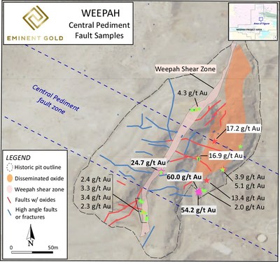Figure 4. Plan view map of the Weepah Pit region including new channel samples on the footwall (east side) of the Weepah Shear Zone. (CNW Group/Eminent Gold Corp.)