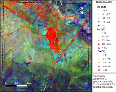 Figure 2 - Preliminary WorldView-3 image of Imiter bis showing Cu, Au and Ag anomalies (CNW Group/Aya Gold & Silver Inc)