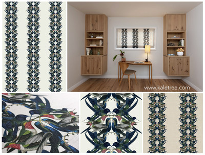 Tradescant & Son's iconic hummingbird stripe pattern, is now available in Kale Tree's online shop as both a fabric and wallpaper. The graphic silhouette and ornately detailed illustrations offer a unique traditional and contemporary design combination. In a California interior design project by Sarah Barnard, WELL + LEED AP, the fabric is used for a home office roman shade, offering a striking view of nature even when the shade is pulled down. Photos by Steven Dewall and Tradescant and Co.