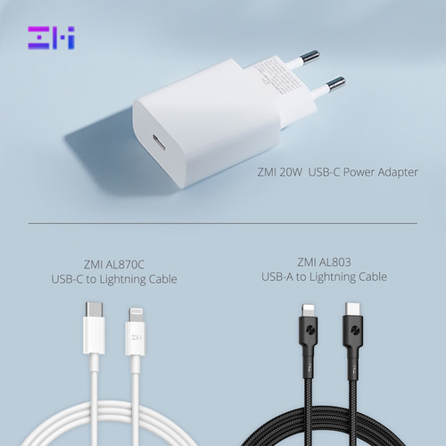 Xiaomi ZMI 20W USB-C PD Power Adapter/Xiaomi ZMI AL870C USB-C to Lightning Cable/Xiaomi ZMI AL803 USB-A to Lightning Cable
