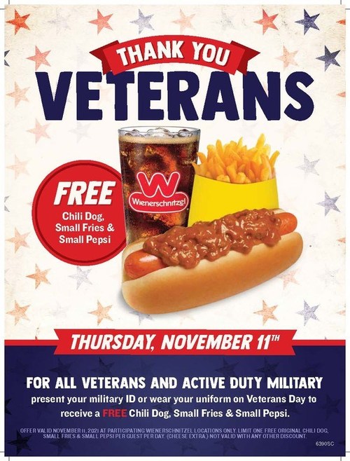 On Veteran’s Day (11/11/21), Wienerschnitzel is offering veterans and active-duty military a FREE Chili Dog, Small Fries and a Small Pepsi as a token of their appreciation for their service. To redeem this offer, bring your military identification or wear your uniform to any participating Wienerschnitzel location on November 11th.