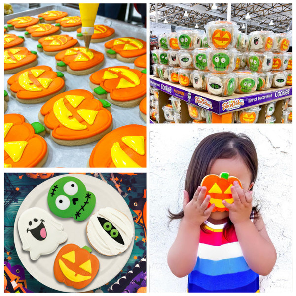 Clockwise from top left: Halloween cookies being decorated by hand at DecoCookies, DecoCookies' Halloween Collection in stores, Halloween cookies in action via @jessraisingbabes on Instagram, and the four Halloween Collection designs by DecoCookies.