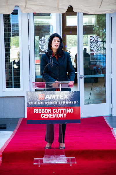 The Honorable Carol Alvarado, Senator, Texas Senate District 6, delivers remarks at the ribbon-cutting ceremony for AMTEX Green Oaks Apartments in northeast Houston on October 28, 2021.