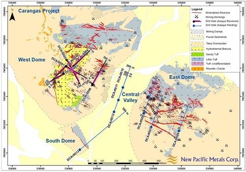 Figure 1. Simplified geology plan map and drill holes of the Phase I discovery drill program at the Carangas Project. (CNW Group/New Pacific Metals Corp.)