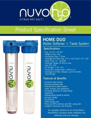 The NuvoH2O Home Duo System Specification Sheet with all the data on the system you could nead.