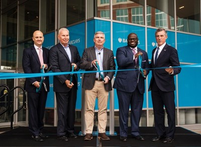 Richard Haworth, CEO Americas, Barclays;  Michael S. Purzycki, Mayor, Wilmington, Del.; Denny Nealon, CEO, Barclays US Consumer Bank; Dr. Tony Allen, President, Delaware State University; John Carney, Governor, Delaware. Photo credit: Tony Hoffer.