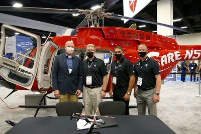 Life Flight Network and Bell executives signed an agreement for Life Flight Network’s purchase of 12 new Bell 407GXi helicopters at the Air Medical Transport Conference in Fort Worth, Texas on November 1, 2021. From Left to right: Life Flight Network’s Interim CEO Ben Clayton with Bell’s Michael Thacker, Jay Ortiz and Bobby Frey.