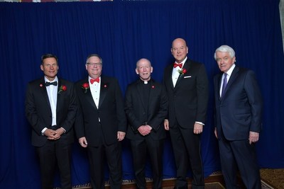 Rev. Brian J. Shanley, O.P., hosted the Twenty-Fourth Annual St. John's University President's Dinner that raised $3.1 million for student scholarships.<br />
(L to R) Thomas J. Cox, Chief Executive Officer, OnPoint Group, Paul C. Wirth, Retired Deputy Chief Financial Officer, Morgan Stanley, Fr. Shanley, Michael Roemer, Executive Vice President, Chief Risk Officer, Discover Financial Services and Thomas J. Donohue, Advisor and Former Chief Executive Officer, US Chamber of Commerce.