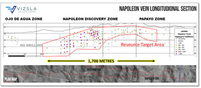 Figure 2:  Long-Longitudinal section from the larger Napoleon Vein Corridor with all intersections shown. (CNW Group/Vizsla Silver Corp.)