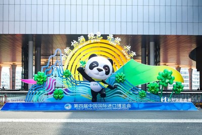 Adored by all for its chubby and lovely image, the CIIE mascot Jinbao welcomes global guests. (PRNewsfoto/CIIE)