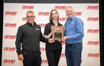 Mickey Thompson Tires & Wheels’ President, Dominick Wycoff, and Director of Product Management, Heather Tausch, pose with Bill Maher, senior vice president, Specialty Equipment Market Association, in celebration of Mickey Thompson Tires & Wheels’ Baja Legend EXP and ET Front Street being named “Best New Tire” Winner and Runner Up at the 2021 SEMA Show Nov. 1, 2021. (Jessica Yanesh for Goodyear)