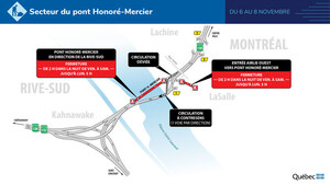 Route 138 entre Kahnawake et Montréal (arrondissement de LaSalle) - Une voie ouverte par direction sur le pont Honoré-Mercier durant la fin de semaine du 5 novembre
