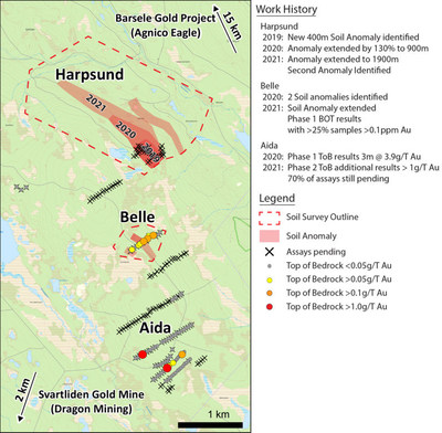 Figure 1: Current Target Areas on Paubäcken License. (CNW Group/Gold Line Resources Ltd.)