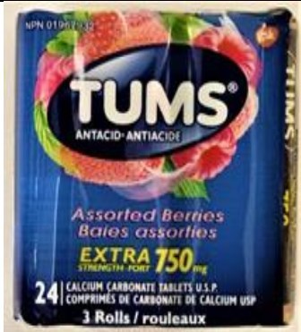 TUMS Assorted Berries Extra Strength Tablets (packages of 3 rolls containing 8 tablets each), lot CS6M (CNW Group/Health Canada)