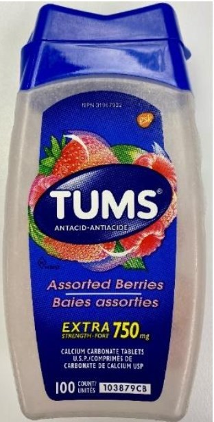 Comprimés TUMS extra-fort, baies assorties (flacon de 100 comprimés de 750 mg chacun), lot 7B3G (Groupe CNW/Santé Canada)