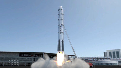 An artist rendition of iRocket’s Shockwave Vehicle launching to orbit.