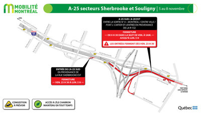 A25 sud, secteur rue Sherbrooke et avenue Souligny, fin de semaine du 5 novembre (Groupe CNW/Ministre des Transports)