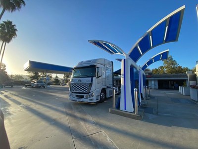 A heavy-duty hydrogen fuel cell truck takes on fuel at a True Zero retail hydrogen station. FirstElement is the developer, owner and operator of the True Zero brand of retail hydrogen stations which currently represents the largest retail hydrogen station network in the world.