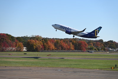 Avelo Airlines East Coast flight departing Tweed-New Haven Airport (HVN), Avelo's new East Coast Base in Southern Connecticut.  The low-fare airline, which launched six months ago in Los Angeles, now flies to 13 destinations across the U.S.