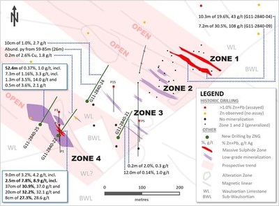 Exhibit 3. Plan Drill Hole Map Showing Recent Drilling at Zones 3 and 4, Carrickittle, PG West Project (CNW Group/Group Eleven Resources Corp.)