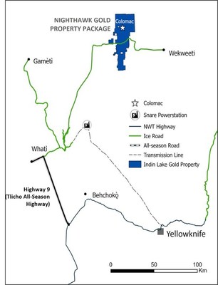 Figure 1.  Highway 9 (Tlicho All-Season Highway) Location Relative to Nighthawk Gold’s Property Package (CNW Group/Nighthawk Gold Corp.)