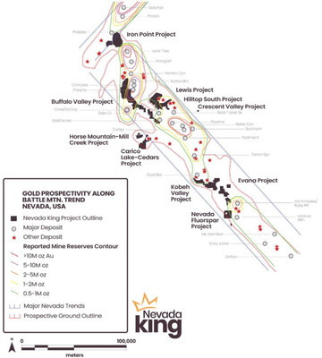 Figure 1. Location of Nevada King properties in relation to known gold endowment along the Battle Mountain Gold Trend. This graphic does not include the location of the Atlanta Gold Mine Project. (CNW Group/Nevada King Gold Corp.)
