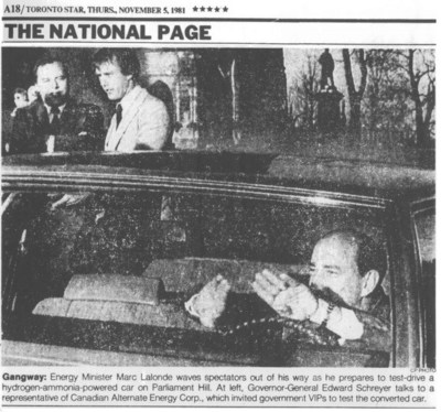 Ammonia Car on Parliament Hill in Ottawa, Canada, Toronto Star, Nov. 5, 1981 (CNW Group/Hydrofuel Canada Inc.)
